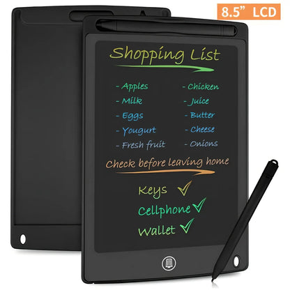 8.5-inch LCD writing board with stylus showing pressure-sensitive writing on blue background