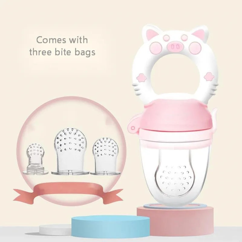 Blue, green, and pink silicone baby teethers with textured surfaces for chewing.