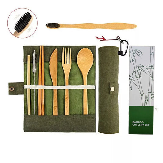 Bamboo straw set with utensils and cleaning brush for sustainable dining