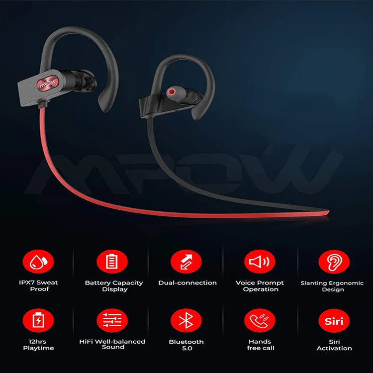 Red hanging ear Bluetooth wireless headset with microphone showing earpiece design