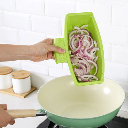 Versatile plastic cutting boards in gray, blue, and green colors with a stacking design for convenient storage