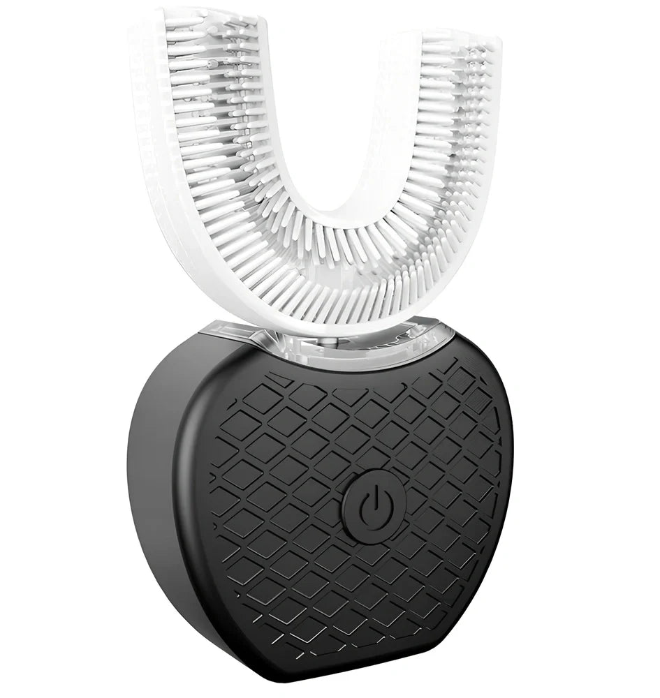 Black ultrasonic electric toothbrush with U-shaped design showing magnetic charging base and USB cable