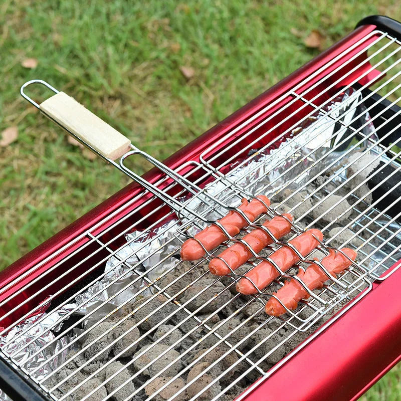 Outdoor grill accessories including sausage, vegetable, and meat clips with wooden handles for safe and convenient backyard barbecuing