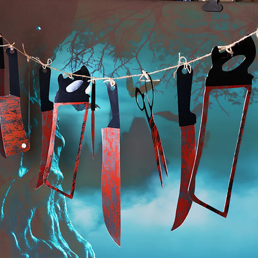 Halloween blood knife decoration set with 12 different knife types on 2.2-metre string
