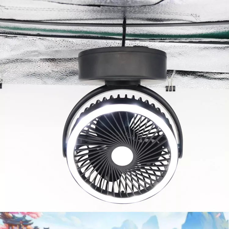 Black Tent LED fan light with adjustable settings for camping comfort