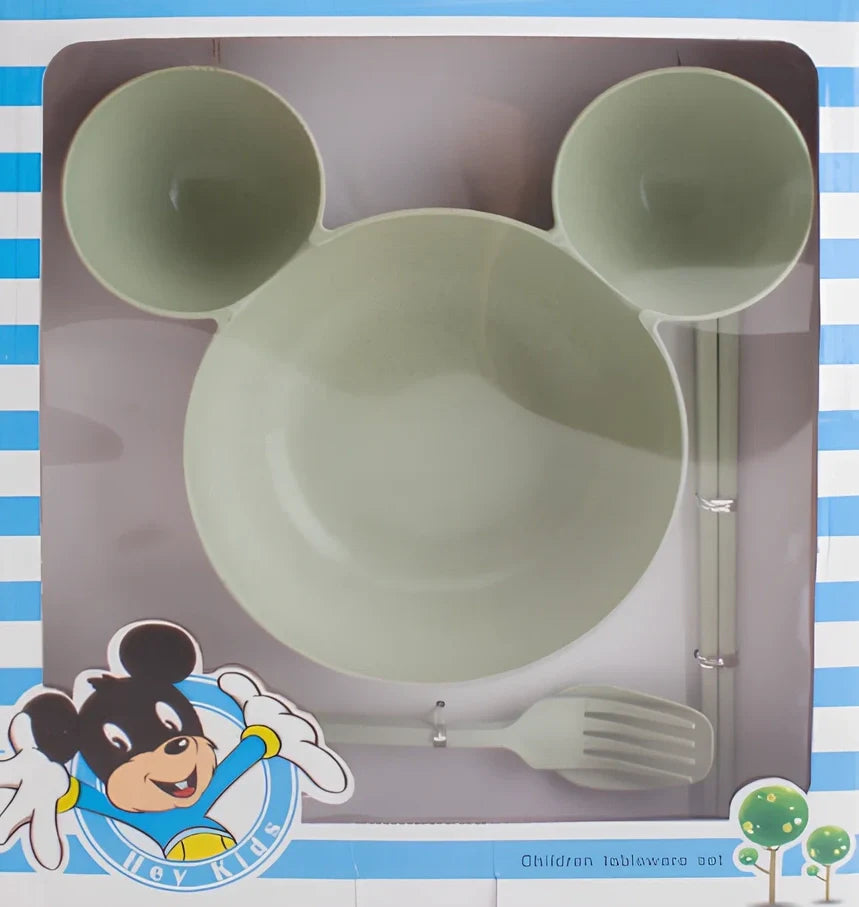 Mickey cartoon wheat straw children's bowl set with pink 21.5 cm bowl, spoon, fork, chopsticks - BPA-free biodegradable kids meal kit