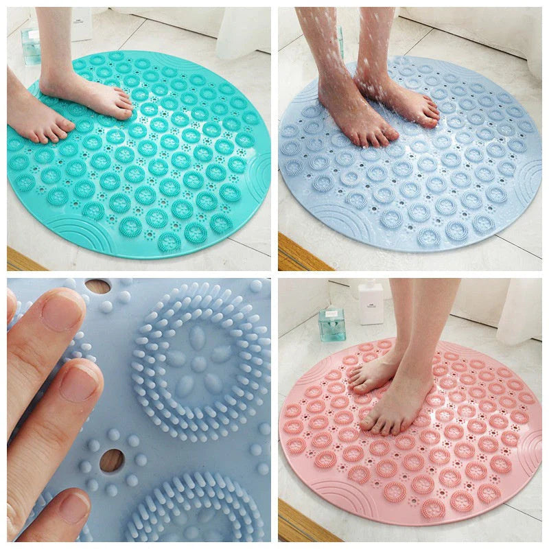 Textured round shower mat with anti-slip surface, massage nodules, and drainage holes for a comfortable and safe bathing experience