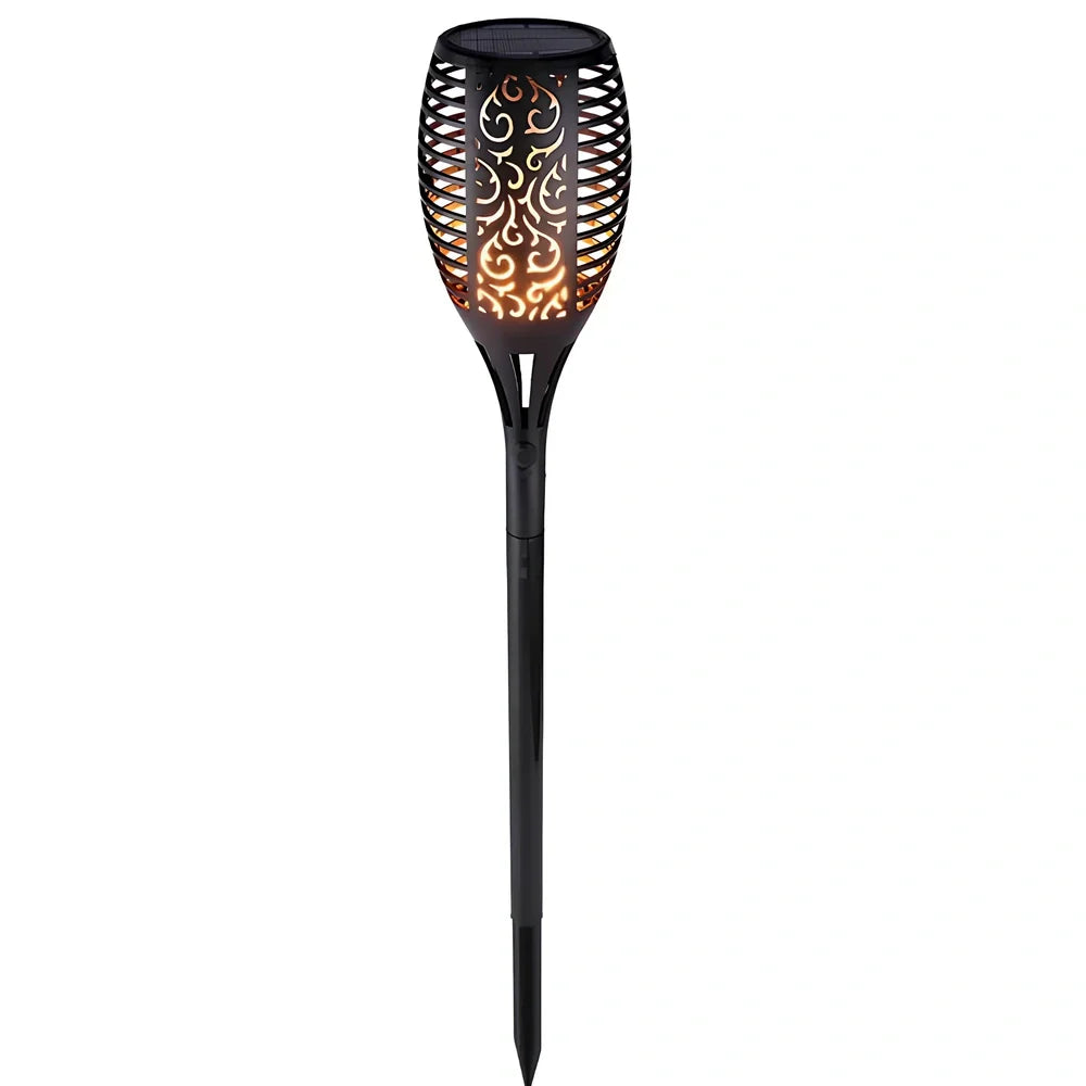 Solar garden LED light with flame flickering effect on stainless steel stake in outdoor setting