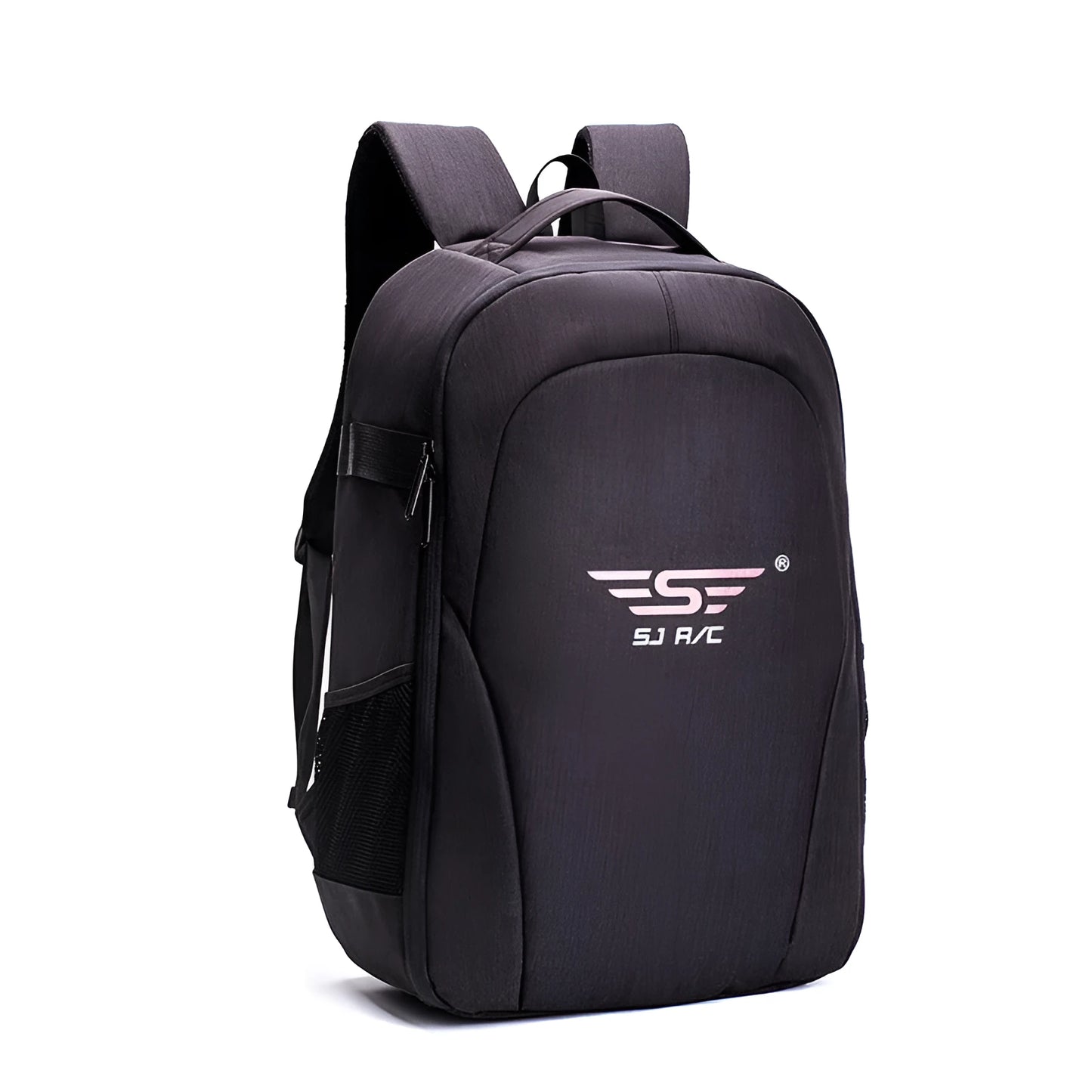 Black Oxford cloth waterproof backpack open to show internal camera, laptop, and organiser pockets