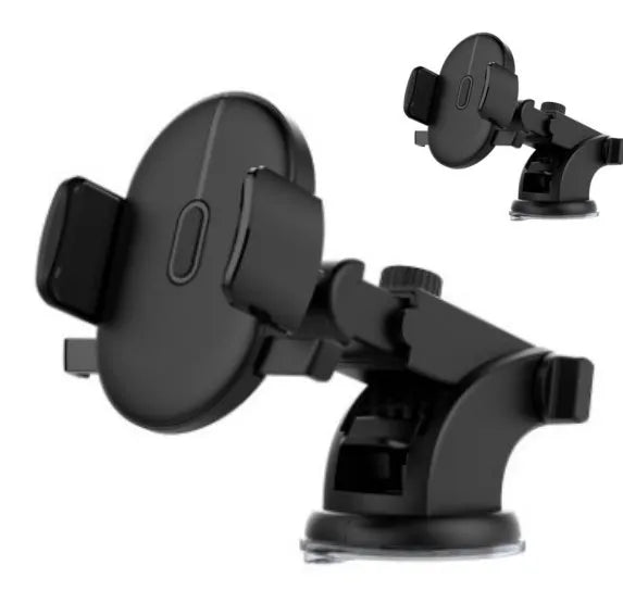 Yellow and black car phone holder with telescopic arm extended, gel pad, and 360-degree rotation on a dashboard