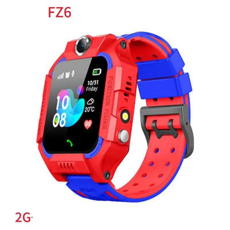 Z6 children smart watch with silicone strap, 128 x 128 touchscreen, and colour options in blue, pink, purple, and red