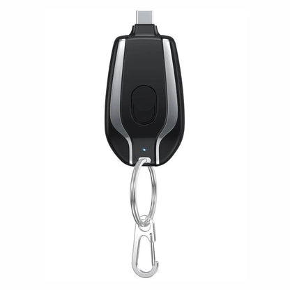 Compact 1500mAh Mini Portable Power Bank with Waterproof Rubber Exterior, Carabiner Clip, and Fast Type-C Charging