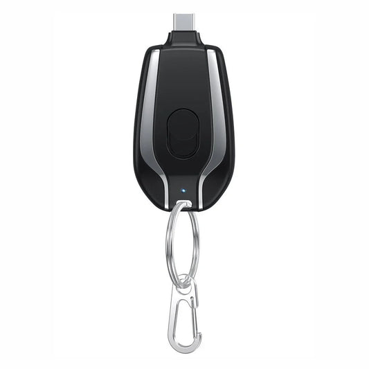 Compact 1500mAh Mini Portable Power Bank with Waterproof Rubber Exterior, Carabiner Clip, and Fast Type-C Charging