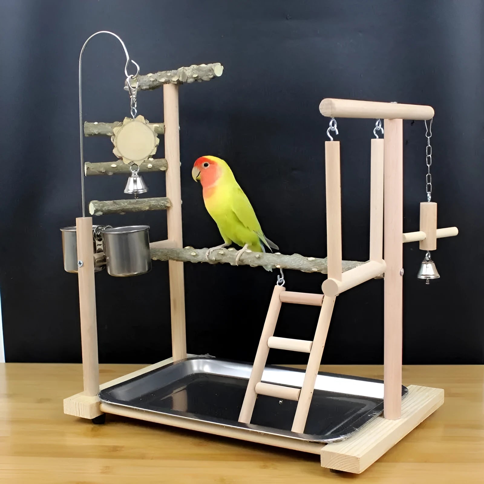 Tiger skin peony coloured parrot play stand made from pepper wood, featuring a xuanfeng design with a sub-stand pole and hanging toys.