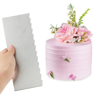 Stainless steel cream scraper with polygon patterns for cake decorating showing six different texture options