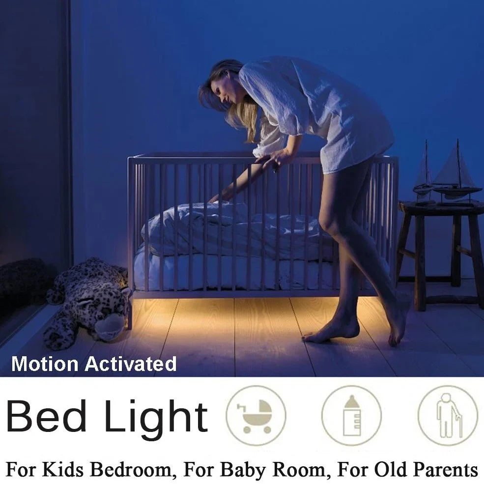 LED human induction bed lamp strip with remote control, 8mm width, showing yellow cut marks for custom length adjustment