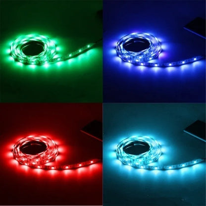 USB-powered flexible LED light strip showing SMD5050 LEDs along 1-metre length with connected USB cable
