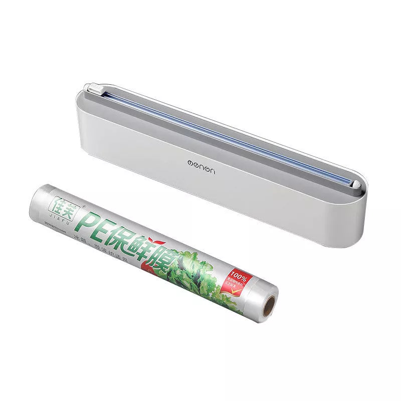 Black and gray plastic wrap dispenser with sharp cutter for kitchen