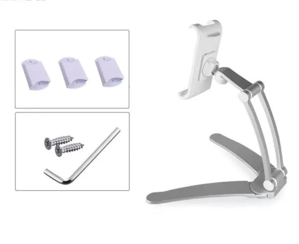 Aluminium alloy desktop tablet stand with adjustable clips on a 23.5cm base, holding a tablet at an angle