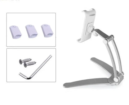 Aluminium alloy desktop tablet stand with adjustable clips on a 23.5cm base, holding a tablet at an angle