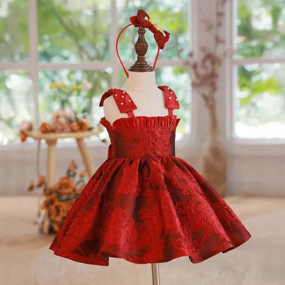 Red princess-style braces skirt for girls with adjustable straps on hanger