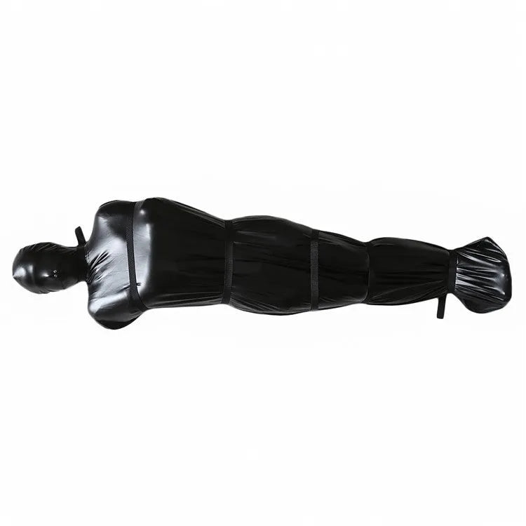Black patent leather bondage set with leak nostril clothes and six ratchet tie downs