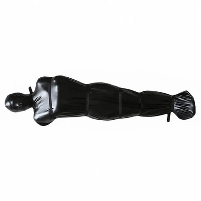 Black patent leather bondage set with leak nostril clothes and six ratchet tie downs