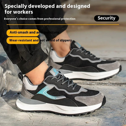 Men's low-top work safety shoes with plastic steel toe cap in Four Seasons colour with lace-up closure