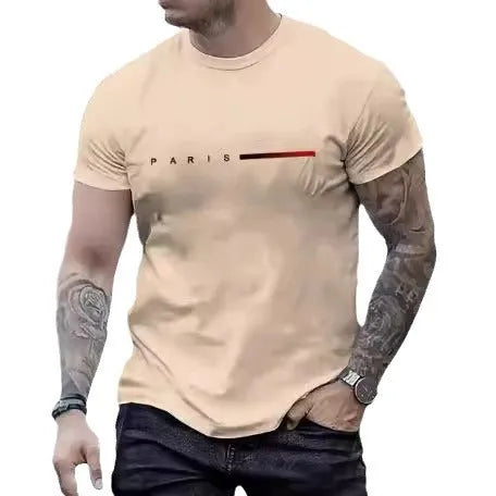 Men's slim-fit 3D printed graphic T-shirt on a hanger showing short sleeves.