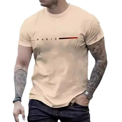 Men's slim-fit 3D printed graphic T-shirt on a hanger showing short sleeves.