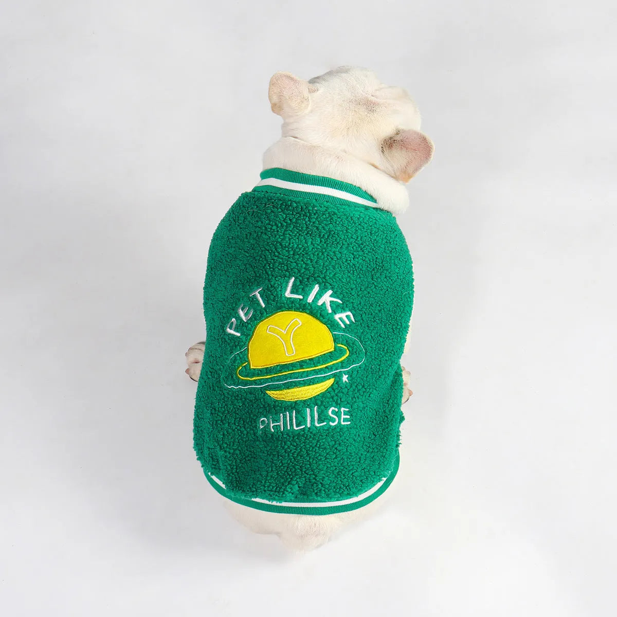Green cotton dog winter coat with fleece lining, shown in a large size.