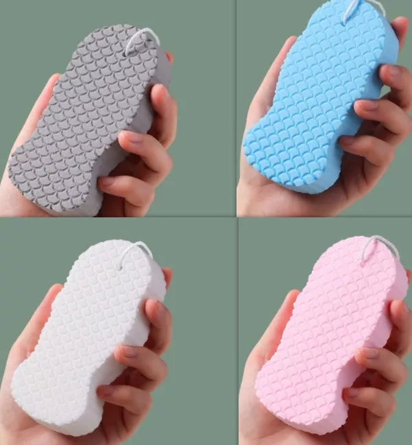 Flexible children's tender skin exfoliating bath sponge in white, pink, blue, and gray