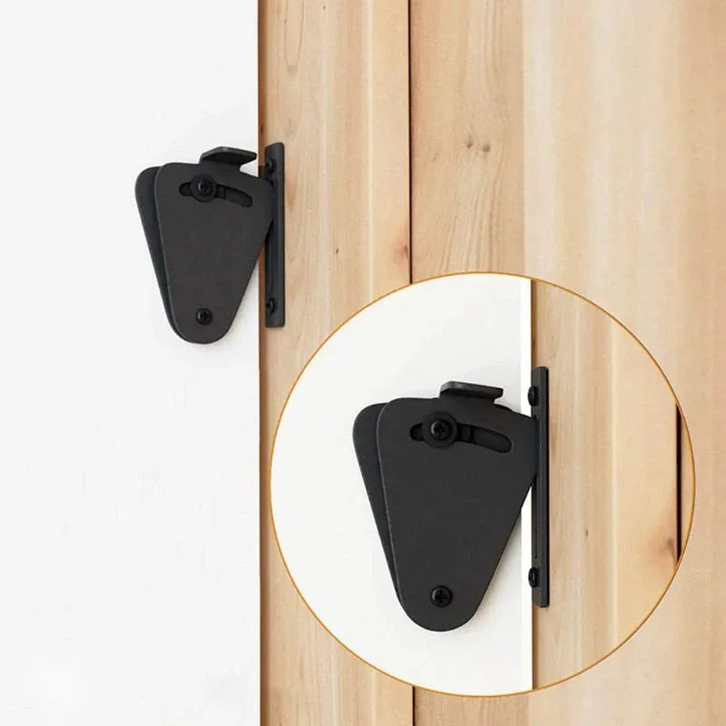 Black stainless steel sliding barn door lock with handle latch, shown in S and M sizes.