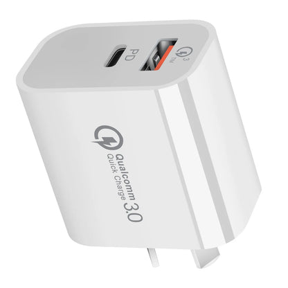 White Australian dual-port USB wall charger with USB-A and USB-C ports