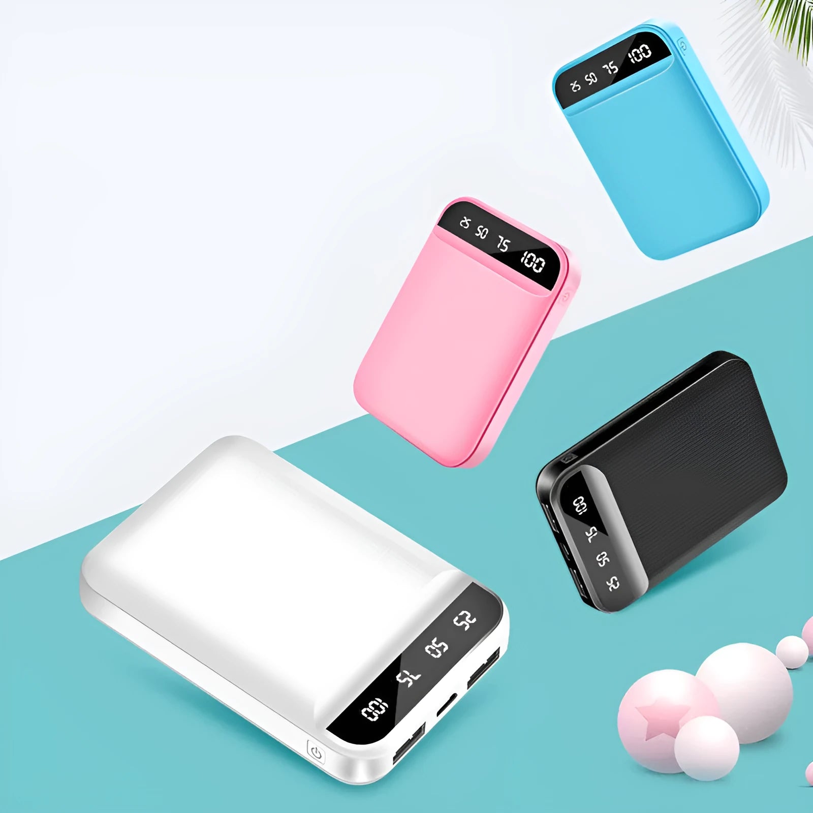Mini power bank in black with dimensions 93x63x22mm showing USB ports for charging devices