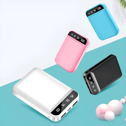 Mini power bank in black with dimensions 93x63x22mm showing USB ports for charging devices