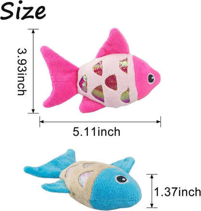 Two plush fish cat toys in blue and orange with catnip and crinkle sound features