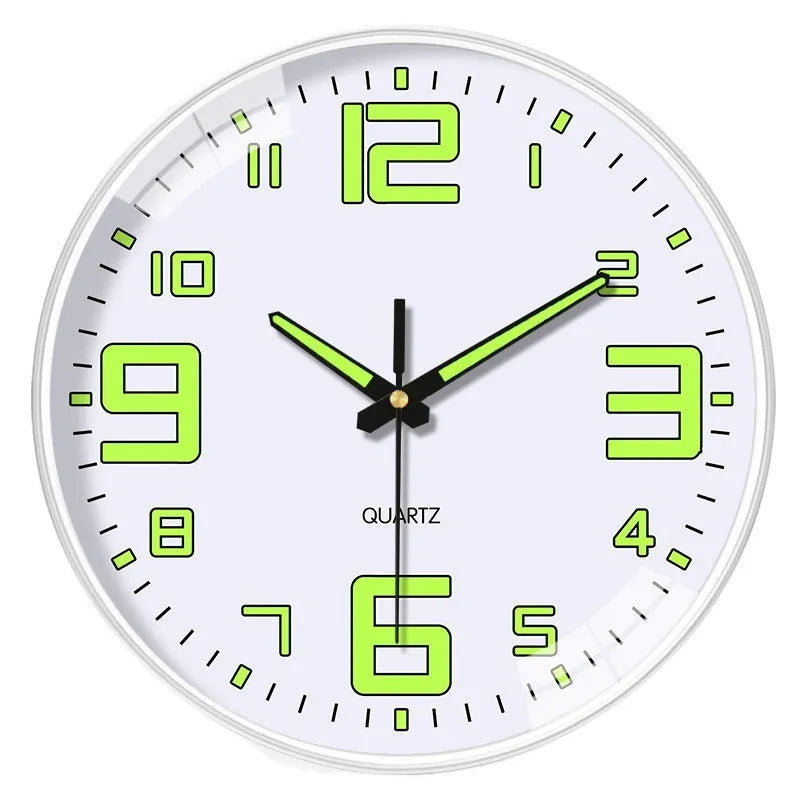 8-inch luminous wall clock with 20cm diameter and modern plastic design on a wall