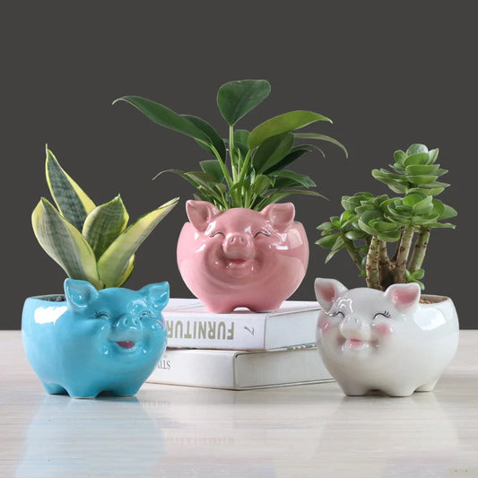 Hand-painted Nordic cartoon animal ceramic succulent pot in white, pink, or blue, small, medium, or large size