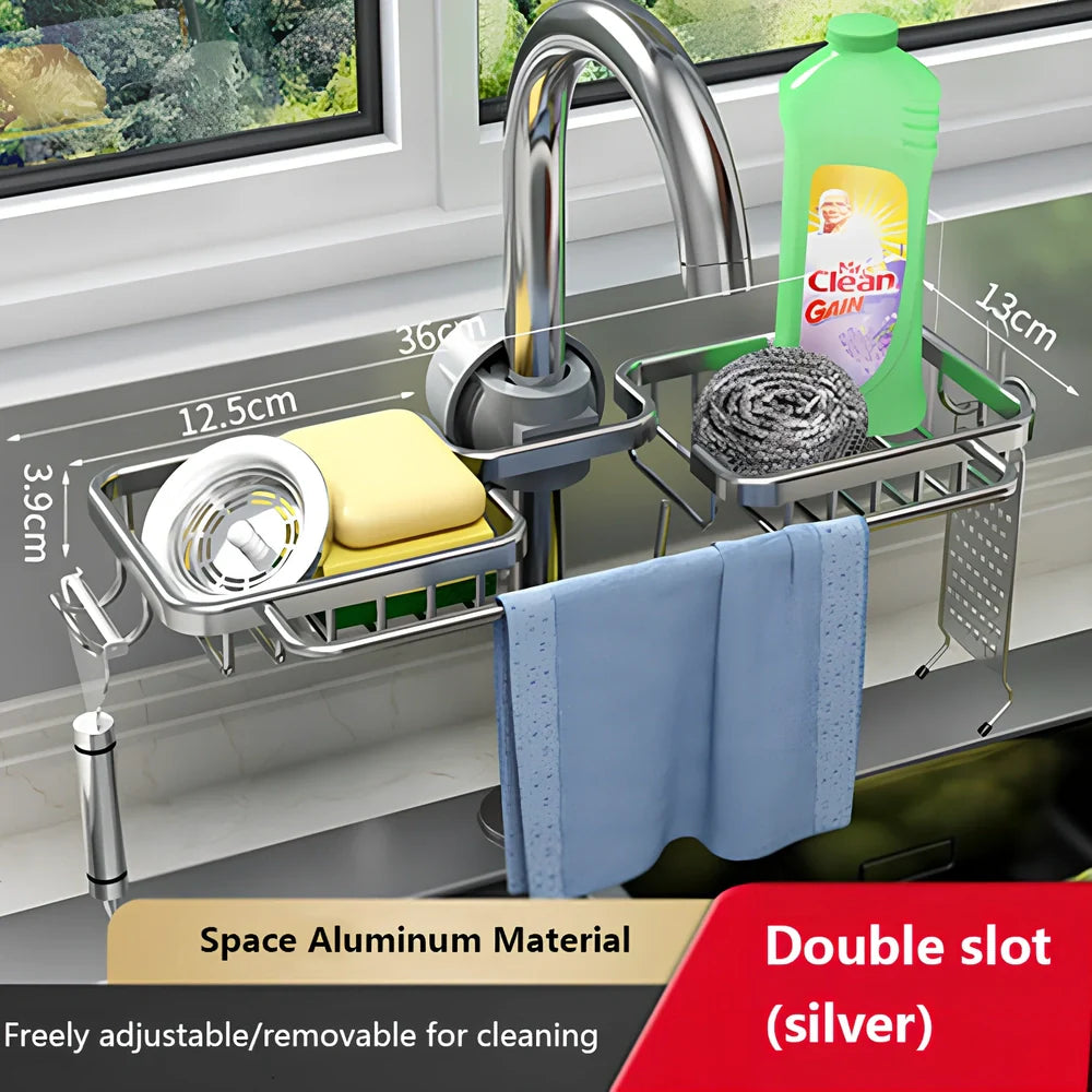 Silver aluminium kitchen storage rack with two tiers and towel rail for utensil organisation