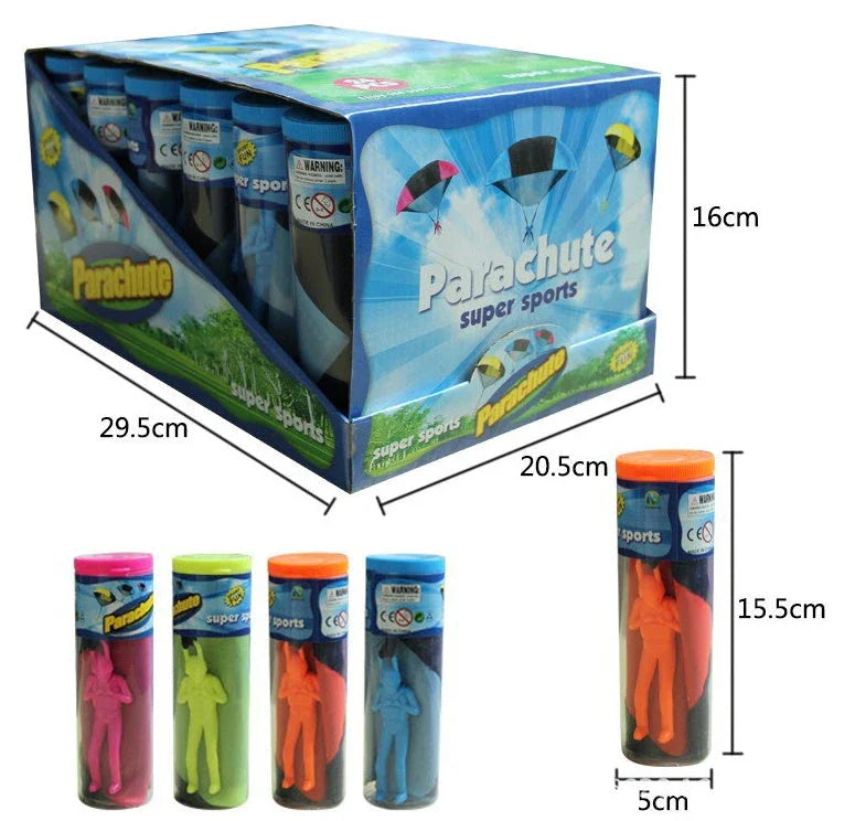 Colorful paratrooper toy parachute with soldier figure, designed for outdoor fun and educational play