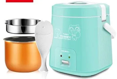 Compact round rice cooker with steam pan, non-stick inner pot, and mechanical dial, sized 160mm x 160mm x 190mm.