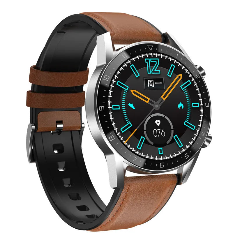 Multifunctional sports watch with 1.3-inch touchscreen on a genuine leather strap with classic buckle.