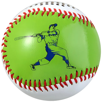 Baseball home design Bluetooth speaker in green colour showing front grille and USB port