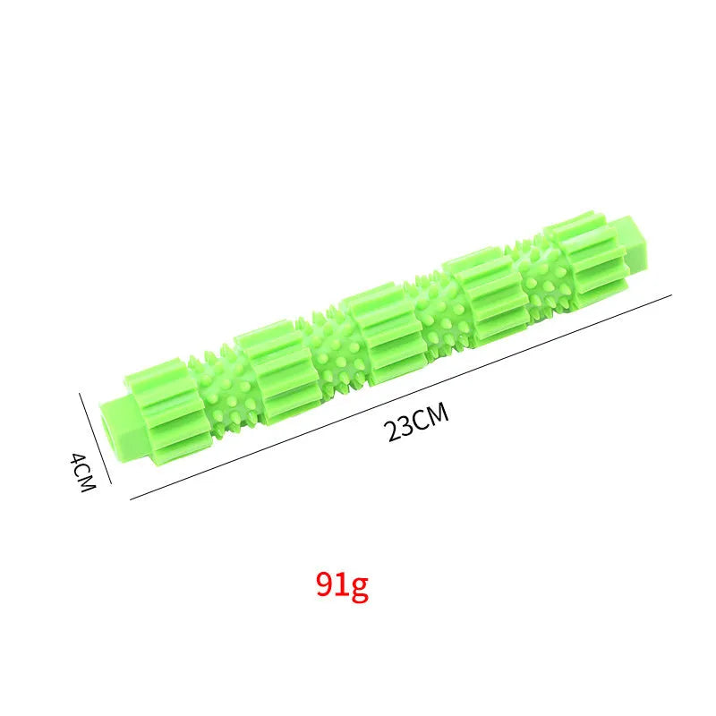 Pet dog chew toy for aggressive chewers with treat dispensing feature, squeaking function, and rubber teeth cleaning design, available in green or orange for large and medium-sized dogs.