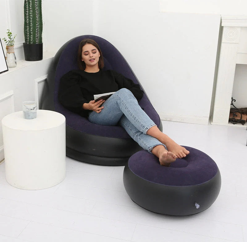 Inflatable Flocking Sofa in various colors, showcasing ergonomic design and portability
