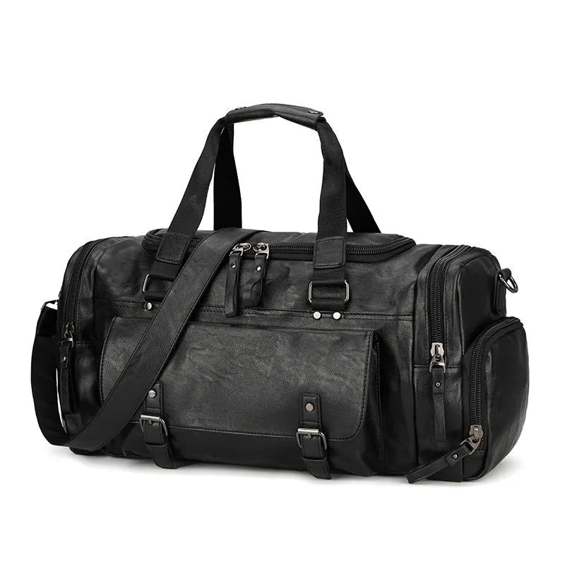 Black travel bag with shoe compartment showing 52cm height, 19cm width, and 27cm depth dimensions