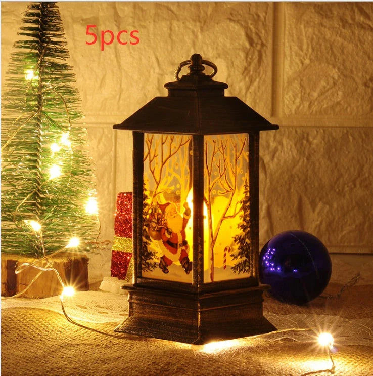 Festive LED Christmas lanterns with Santa Claus, snowman, and other holiday-themed designs