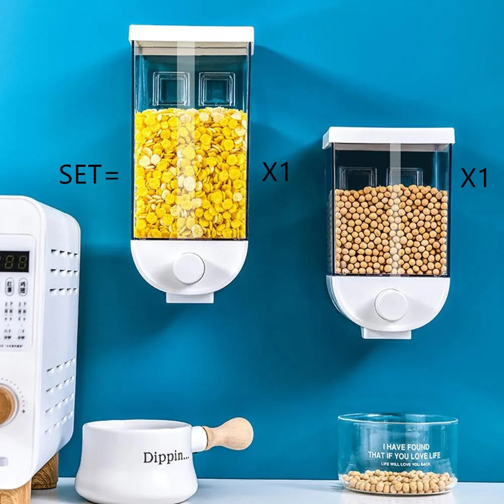White wall mounted transparent food storage container with easy press cereal dispenser mechanism
