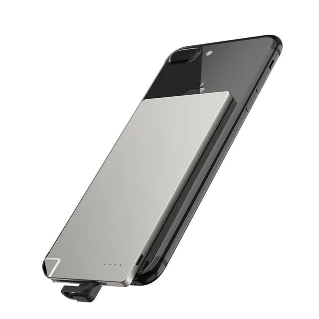 Silver graphene battery power bank showing slim 4mm profile with charging port